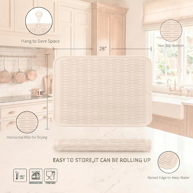 MicoYang Silicone Dish Drying Mat for Multiple Usage,Easy clean,Eco-friendly,Heat-resistant Silicone Mat for Kitchen Counter or Sink,Refrigerator or Drawer Liner Tapioca 3XL 28 inches x 18 inches