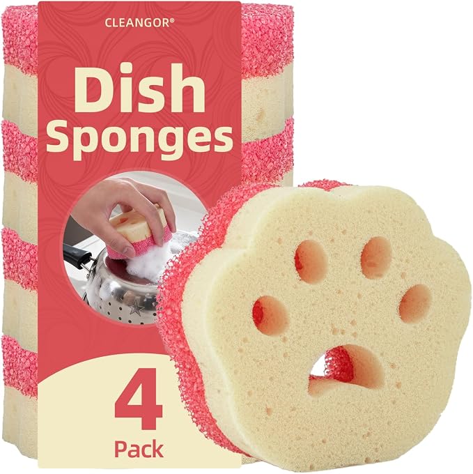 CLEANGOR 4pcs Scrub Sponges, Dual-Sided Temperature-Controlled Dish Sponges | Scratch-Free, Easy to Clean, Kitchen Cleaning Sponges for Tough Stains, Delicate Surfaces, Glassware, Cookware, Appliances