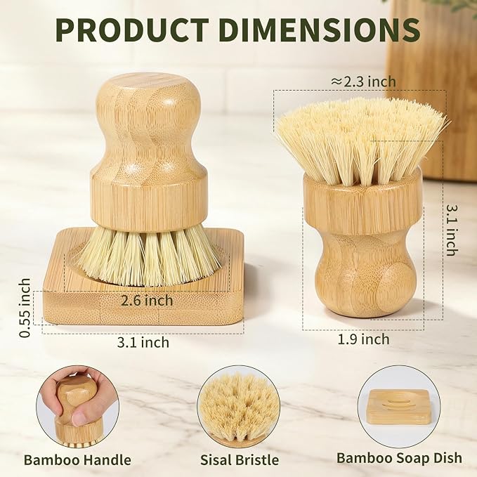 Bamboo Dish Brush Set - 3 Pcs Natural Scrub Brush with Holder, Wooden Dish Scrubber with Sisal Bristle for Cleaning Dishes, Pans and Vegetables