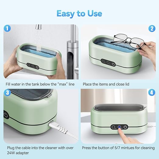 Miorcols Ultrasonic Cleaner Machine for Jewelry,48KHz with 2 Cleaning Modes | 12Oz SUS304 Water Tank, Ultrasonic Cleaning Machine for Jewelry, Glasses, Retainers, Rings, Dentures, Watch Strap - Green