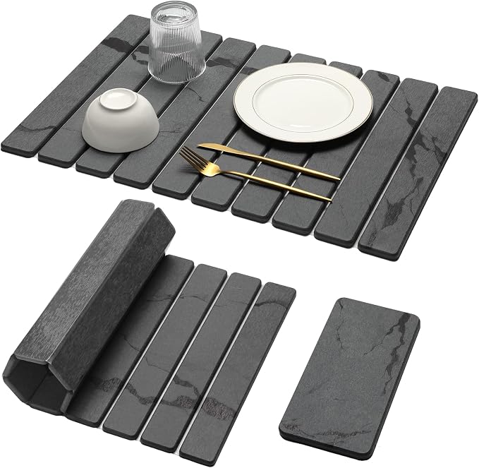 Stone Dish Drying Mat, Large Foldable Stone Drying Mat for Kitchen Counter & Bathroom, Quick Dry Organizer Pad Suitable for Plate Rack Utensils, Apartment Home Essentials Decor (Dark Gray 24"×16")