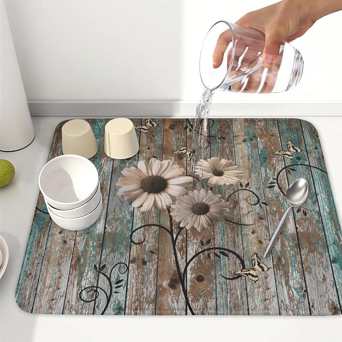 Vintage Daisy Floral Wooden Board Dish Drying Mat 16x18 Inch | Rustic，Polyester，Absorbent Microfiber，for Kitchen Coffee Dining Bar Decor