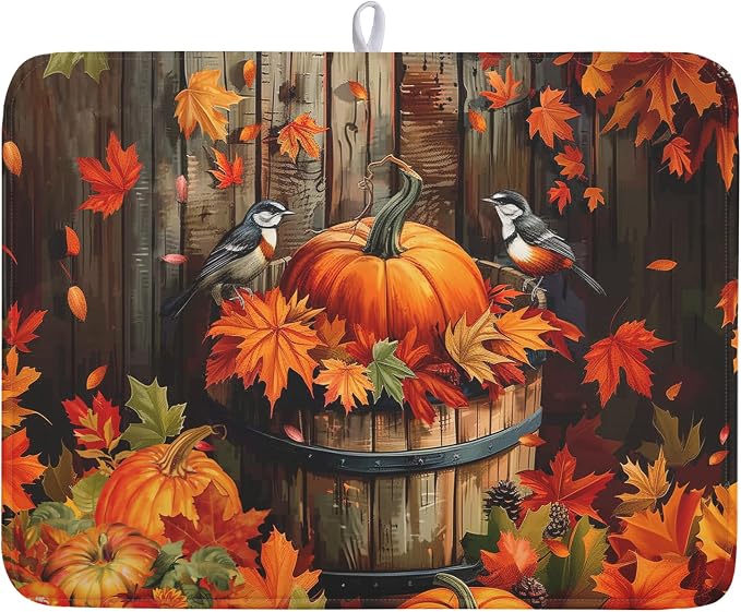 Fall Pumpkin Dish Drying Mat for Kitchen Counter 18x24 Inch Autumn Maple Leaves Microfiber Drying Mats Absorbent Reversible Thanksgiving Day Dish Pad Autumn Orange Dish Mats for Drying Kitchen Decor
