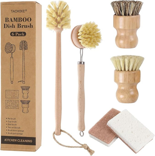 6 Pack Bamboo Dish Brush & Sponge Set, Wooden Handle Kitchen Scrub Brushes with Natural Sisal & Palm Fiber Heads, Multi-Purpose Dishwashing Cleaner for Dishes, Pots, Bottles, Vegetables