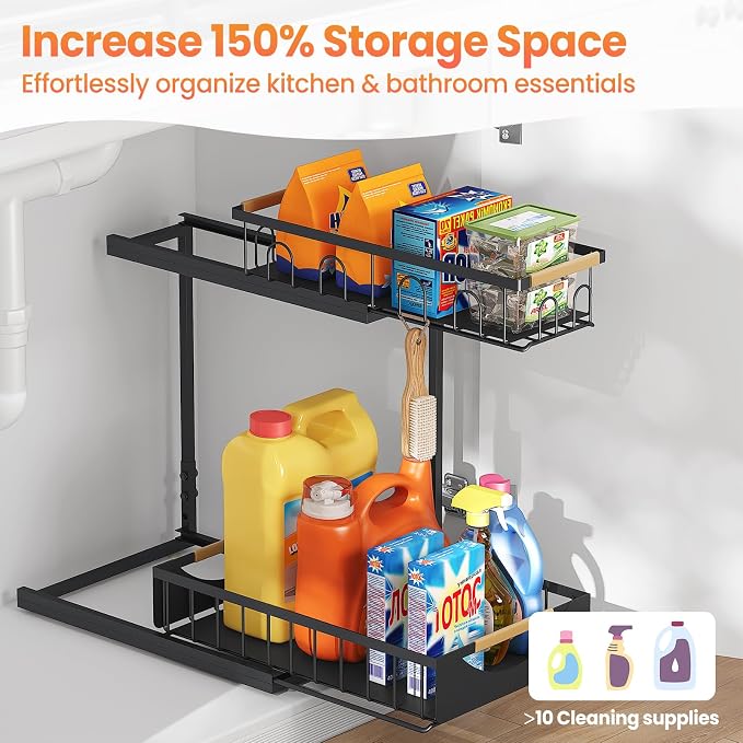 2 Pack 2 Tier Under Sink Organizer and Storage for Bathroom and Kitchen - Under Cabinet Pull Out Shelf Organizers - Sliding Out Drawer Organization for Home Cabinets Shelves and Drawers