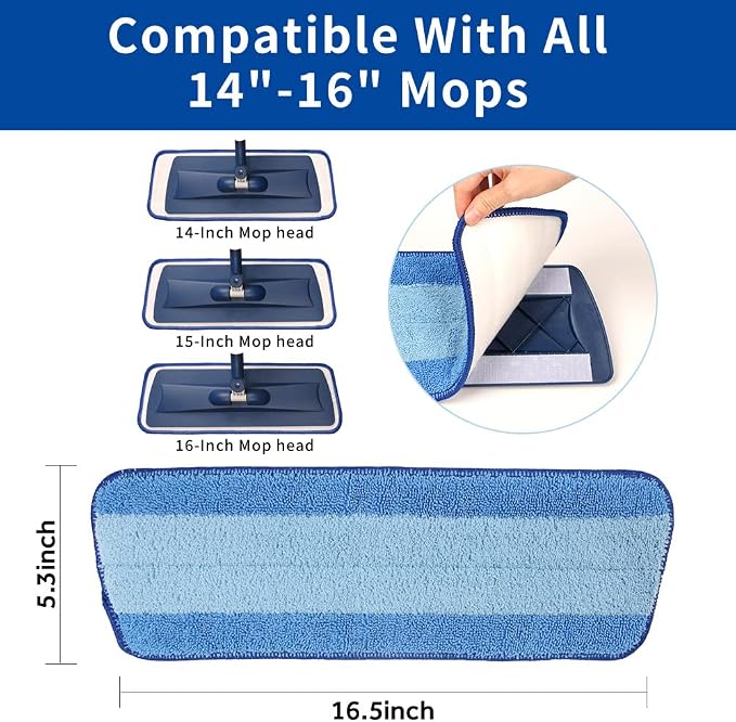16.5" Microfiber Mop Pads Refills, 3 Pack Reusable Replacement Heads | reusable wet mop refills, machine washable for 14-16 inch spray mops, hardwood floors, dust cleaning & scrubbing