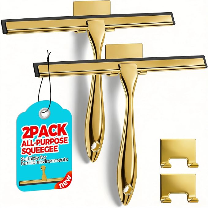 ALFLOD 2pcs Shower Squeegee for Glass Doors with Adhesive Hanging Hook Set | 10” gold, bathroom accessories, window cleaner, new home essentials, soft rubber blade, metal handle, ergonomic grip