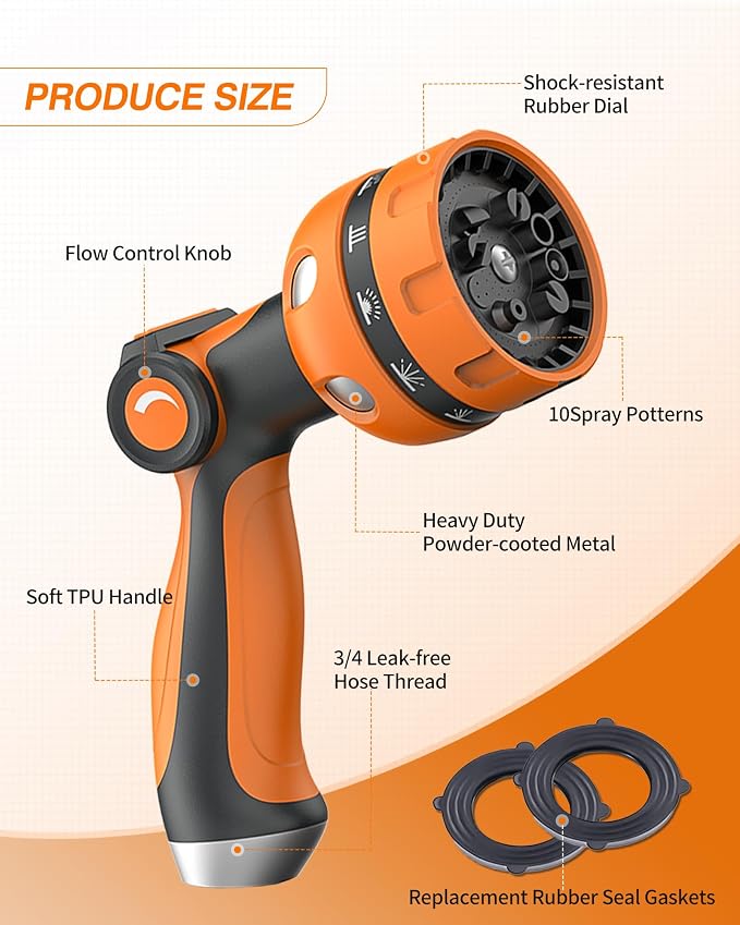Garden Hose Nozzle, Heavy Duty Water Hose High Pressure Sprayer with 10 Watering Patterns, Thumb Control On Off Valve, for Watering outdoor Plants & Lawn, Car & Pet Washing-(Orange Red)