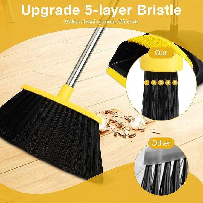 Broom and Dustpan Set,Long Handle,Black Yellow | Stand up Dustpans with Broom Combo, Indoor & Outdoor Sweeping, for Home Room Kitchen Office Lobby