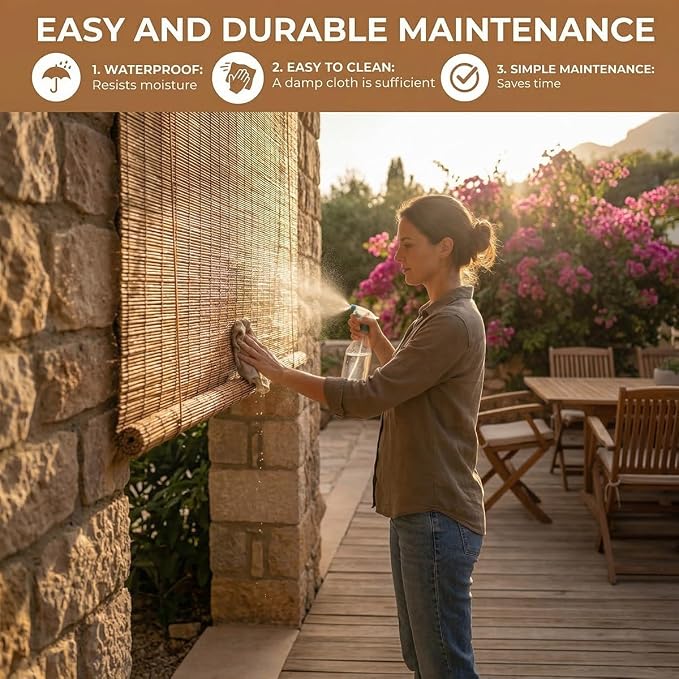 Bamboo Roller Shades for Outdoor Patio, Porch, Pergola, Balcony, Bamboo Blinds, UV Protection, Light Filtering Bamboo Blinds for Interior Windows, Bamboo Roman Shades for Windows