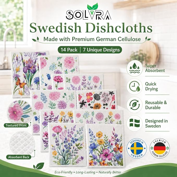 14 PCS Flower Print Swedish Dishcloths for Kitchen 100% Biodegradable, Reusable Cellulose Sponge Cloths Ultra Absorbent, Eco Friendly Cleaning Towels Dishcloths for Washing Dishes & General Cleaning
