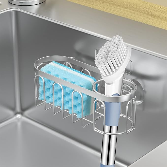 2-in-1 Sponge Holder for Kitchen Sink, Sink Caddy Kitchen Sink Organizer with 3 Suction Cups, No Drill Rustproof Sink Sponge Holder for Dish Brush, Soap & Sponge (Silver)