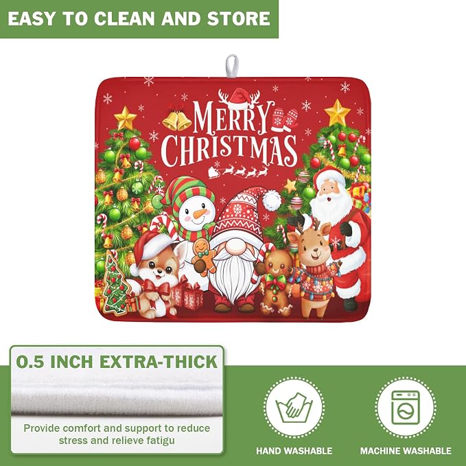Merry Christmas Dish Drying Mat for Kitchen Counter 16x18 Inch | Xmas Theme Snowman Santa Claus Trees Pattern Dish Drainer Mat Rustic Holiday Absorbent Washable Drying Pad