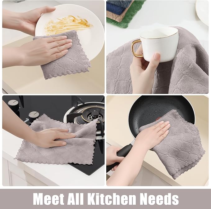 Homaxy Kitchen Towels and Dishcloths Set, 10 x 10 and 13 x 19 Inches, Set of 12 Super Soft and Absorbent Coral Velvet Kitchen Towels, No Lint and Nonstick Oil Fast Drying Dish Towel, Grey