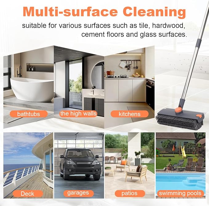 Floor Scrub Brush with 64" Long Handle - 360° Swivel Heads Household Push Brush with Squeegee and Right Angled Bristle for Cleaning Concrete Floors Grout Gardens Patio Deck Concrete Garage Heavy Duty