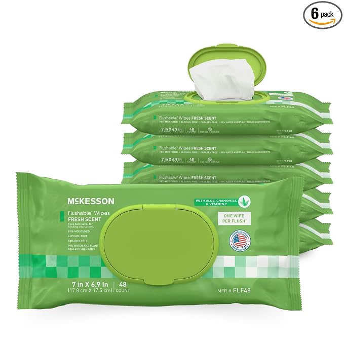 McKesson Flushable Adult Wet Wipes, Scented, 288 Wipes (6 Pack of 48) | Plant-Based Cleansing Wipes, Scented, Gentle on Skin, Plant-Based Adult Cleansing Wipes
