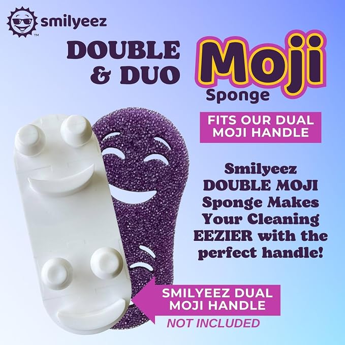 Smilyeez Double-Size Scrub Moji Sponge 2-Pack – Dual Smiling Faces, Temperature-Responsive Scrubber – Scratch-Free, Odor & Stain Resistant – Purple