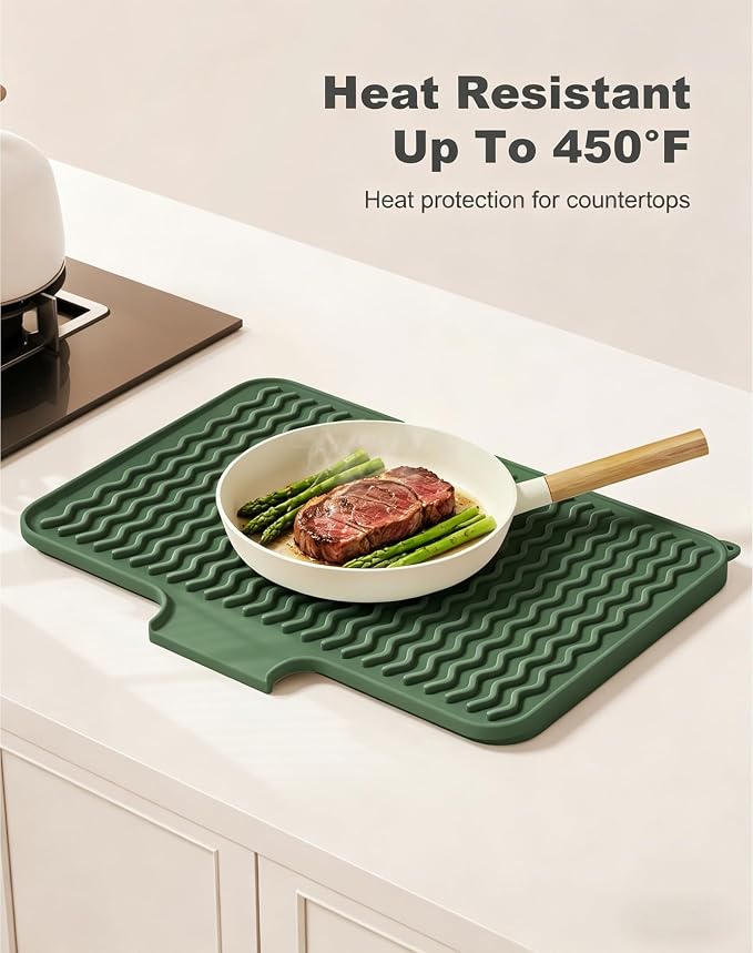 Rnivvi Silicone Dish Drying Mat for Kitchen Counter, 16 x 12" Dish Rack Mat with Drainage Spout, Non-Slip Countertop Protector Heat Resistant Trivet, Drainer Organizer for Home Kitchen Sink , Green
