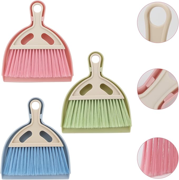 Mini Dustpan and Brush Set Portable Small Broom with Dust Pan Handheld Hangable Whisk Broom and Dust pan for Home, Kitchen, Table, Office, Car 3Pcs (Blue-Green-Pink)