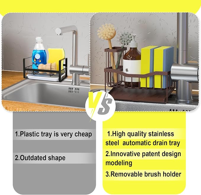 Fssvcd Maifan Sink Caddy Sponge Holder for Kitchen with Brush Holder and Stainless Steel Self Drain Tray, Rustproof Kitchen Sink Organizer for Sponge, Soap Dispenser Storage Accessories