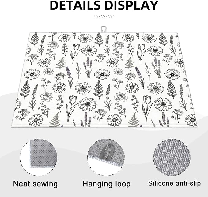 Black and White Floral Aesthetics Dish Drying Mat, for Kitchen Counter Microfiber Absorbent, Dish Draining Mat Extra Large 18"x24"