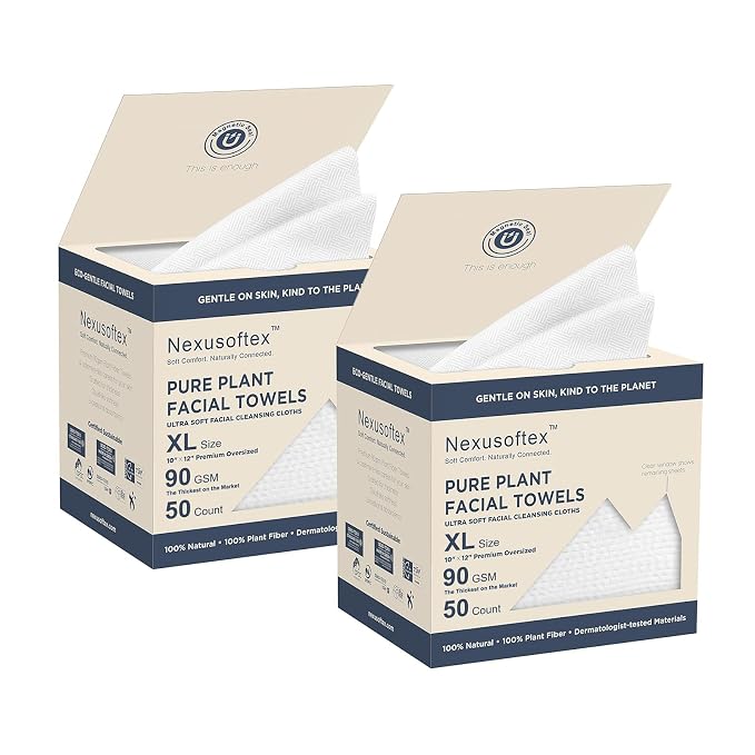 Premium Disposable Face Towels, 10"x12" XL, 90gsm Ultra-Thick 100% USDA Biobased Facial Towel, Gentle for All Skin Types, Magnetic Closure Box with Visibility Window (2 packs of 50ct)