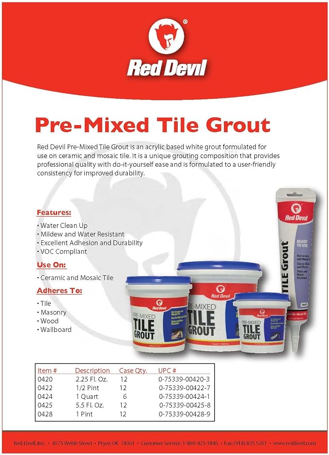 Red Devil 0425 Pre-Mixed Tile Grout - Professional Quality, Excellent Adhesion, Ideal for Wall & Floor Use - 5.5 oz, White, Pack of 12, Made in USA