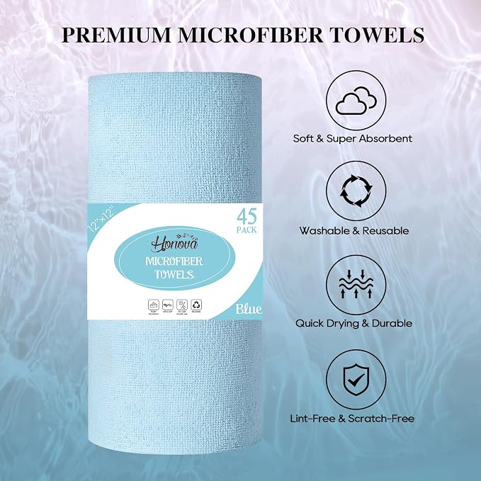 Microfiber Cleaning Cloth Roll 45 Pack, 12"×12", Reusable, Tear Away, Blue | Washable Paper Towels, Highly Absorbent, Lint Free, All-Purpose Washable Cleaning Rags for Kitchen, Window, Car, Shop