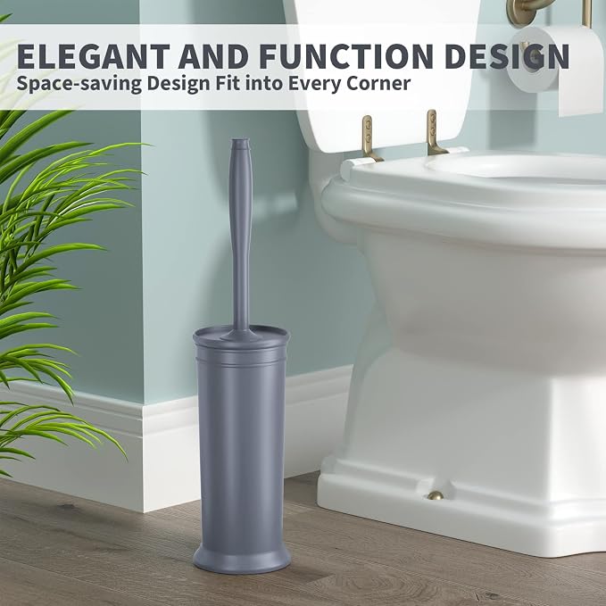 Toilet Brush, Toilet Bowl Brush with Extra Long Handle Durable Bristles Toilet Scrubber and Covered Holder for Toilet Brush Set for Bathroom Cleaning (Gray, 1 Set)