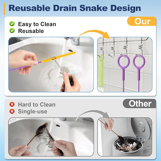 Drainsoon 35-Inch Metal Drain Snake Hair Clog Remover, Reusable Sink Snake Drain Hair Remover Tool, Flexible Break-Resistant Plumbing Snake Drain Cleaner for Shower, Bathtub, and Kitchen Sink (5 Pack)