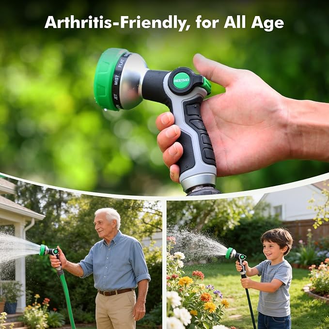 RESTMO 10-in-1 Water Hose Nozzle, Garden Hose Sprayer for Outdoor | 10 Spray Patterns, Lightweight, Thumb Control for Flow Adjustment, Ideal for Watering Plants & Lawns, Cars & Pets, Green