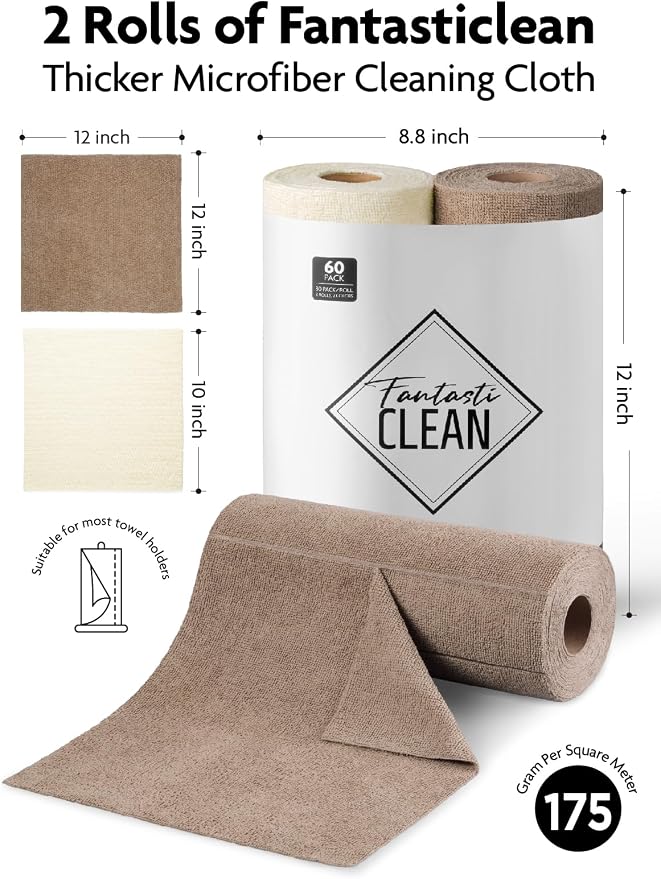 Fantasticlean Microfiber Cleaning Cloth Roll- 60 Sheets,12"x12"(Tan, Beige) | Super Absorbent, Lint-free, Tear-away Microfiber Towel Roll, for All-Purpose Cleaning, Reusable Alternative to Paper Towels