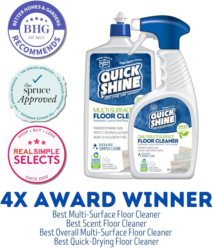 Quick Shine Multi-Surface Floor Cleaner 24 oz-6 Pk, Streak-Free, No Residue | Powered by Baking Soda, Clean Breeze Essence, pH Neutral, No Rinse, PFAS & Ammonia Free, EPA Safer Choice Made in USA