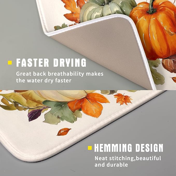 Giwawa Fall Pumpkin Dish Drying Mat Autumn Leaves Absorbent Dishes Pad 16x18 Inch Seasonal Microfiber Dish Drainer Rack Mat for Kitchen Countertop