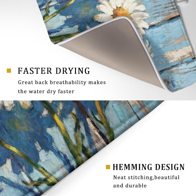 Daisy Dish Drying Mat for Kitchen Counter 18x24, Spring Summer Cute Flower Decorative Absorbent Reversible Microfiber Kitchen Countertop Protector Dishes Drainer Pad