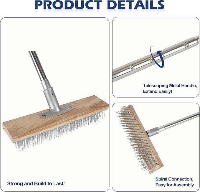 Floor Scrub Brush, Concrete Outdoor Broom Long Handle Cleaning Tool | Metal Wire Pool Deck Brush Stainless Steel, Garage Patio Gunite Tile Algae Moss for Scrubbing Heavy Duty