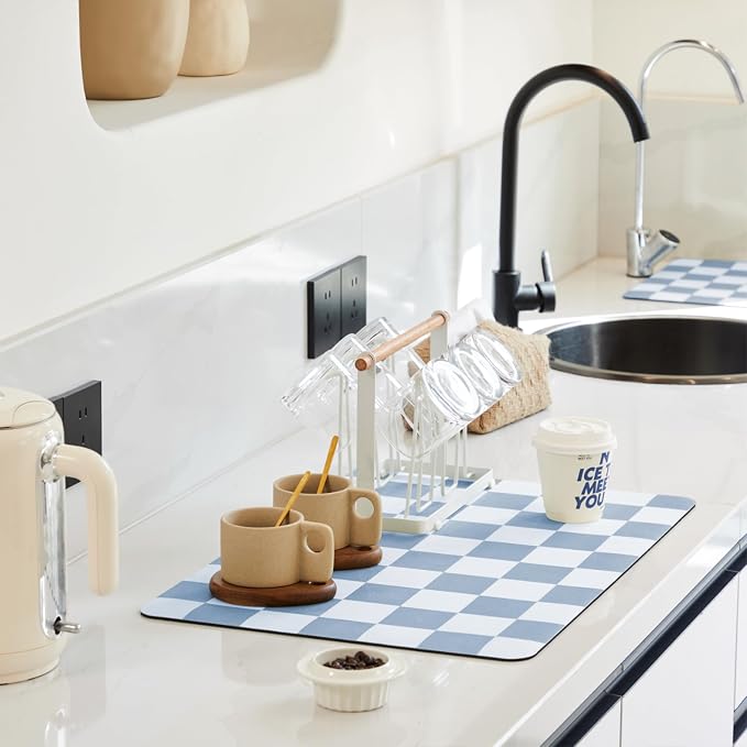 Ohocut Checkered Dish Drying Mat for Kitchen Counter, Coffee Bar, Coffee Station Accessories, Retro Cute Aesthetic Modern Absorbent Drainer Mat Kitchen Drying Mat Easy Clean, Blue 16" x 24"