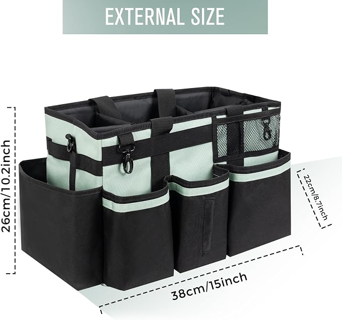SCAVATA Wearable Cleaning Caddy, Cleaning Caddy Supplies Organizer with Handle & Shoulder Straps for Housekeepers, Under Sink & Car Cleaning Tool Organizers Bag with 4 Foldable Divider (Celadon)