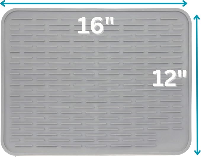 Large Silicone Dish Drying Mat for Kitchen Counter or Under Sink, 16" x 12" Large, Waterproof Pet Feeding Mat, Water Bowls, Under Drying Racks for Dishes, Coffee Bars, Bar Mats (Slate Grey)…