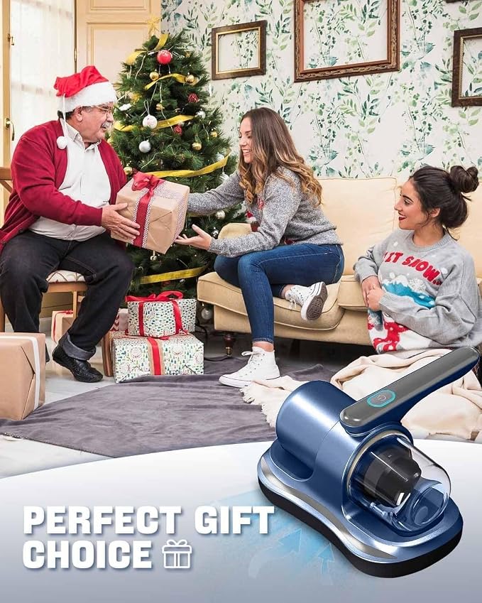 Cordless Mattress Vacuum Cleaner with UV Light Handheld Bed Vacuum with Ultrasonic & Heating Tech, 2 HEPA Filters, Strong Suction for Mattress, Sofa, Carpets, Pet Hair (Blue)
