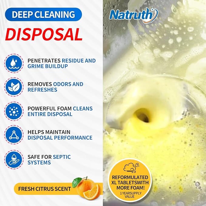 NATRUTH Garbage Disposal Cleaner Tablets - 24 Count - Lemon Scent - Removes Odor & Grease - Safe & Natural - Easy to Use - Deep Cleaning & Freshening - Septic Safe