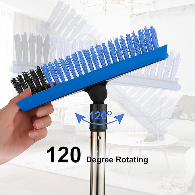 Grout Cleaner Brush with Long Handle, V-Shaped Floor Scrub Brush Swivel Grout Brush Stiff Bristle Floor Grout Scrubber for Bathroom, Tile Line, Crevice, Kitchen, Wall, Deck, Garage (Blue)