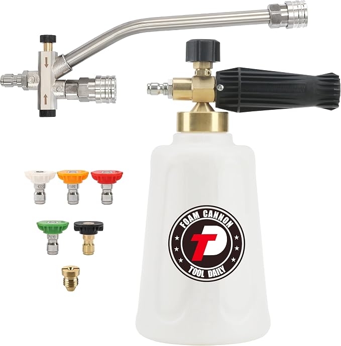 Tool Daily Foam Cannon for Pressure Washer with Dual Connector, 1.5 Liter | Wide Mouth Soap Cannon, Additional Orifice Nozzle 1.1mm, 5 Power Washer Sprayer Nozzles, 1/4 Inch Quick Connect, 3600 PSI