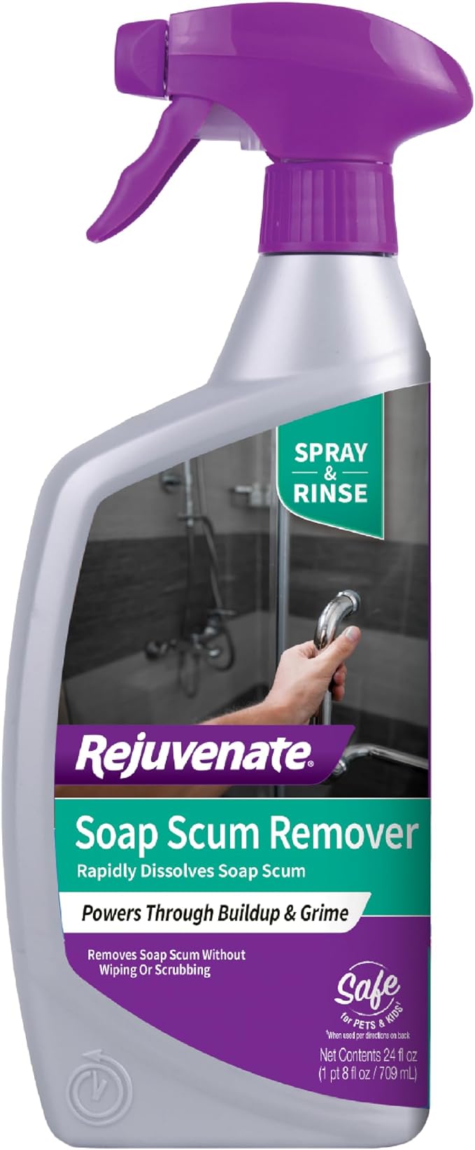 Rejuvenate Soap Scum Remover, 24 Ounces, Easily Dissolves Soap Scum Without Scrubbing | Gentle For Daily Use, Non-Bleach Formula is Safe on Glass Showers, Ceramic Tile, Chrome & More, Safe For Pets & Kids