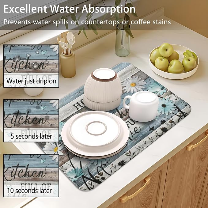 Dish Drying Mat 2-Pack in Daisy Floral Wood for Kitchen Counter Dishes Mat | Diatom Mud Mats (18x24, 19.5x12"). Non-slip rubber back for kitchen counter, coffee bar & sink scenes