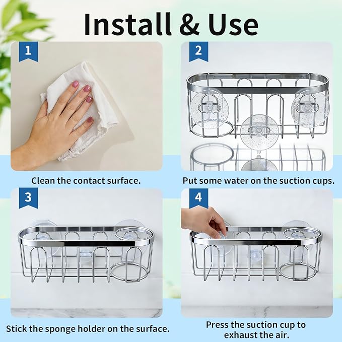 2-in-1 Sponge Holder for Kitchen Sink, Sink Caddy Kitchen Sink Organizer with 3 Suction Cups, No Drill Rustproof Sink Sponge Holder for Dish Brush, Soap & Sponge (Silver)
