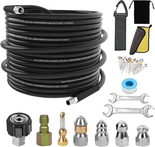 Sewer Jetter Kit for Pressure Washer,Water Jet Drain Cleaning Hose with Corner Rotating Button Spring Nose 1/4" NPT Sewer Cleaning Tool High-Pressure Nozzles,5800 PSI 100 FT