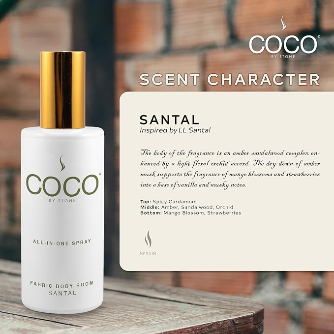 COCO by Stone 5oz All-in-One Spray Santal Fabric & Room Spray | Shake-and-spray formula for fabrics, pillows, clothing, and rooms with a luxurious Santal fragrance. Vegan & cruelty-free.