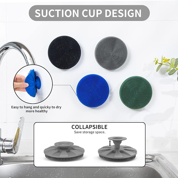 Silicone Dish Scrubber, Non-Scratch Scrub Spong for Washing Dish, Pot, Pan | Kitchen Silicone Sponge, Fruit & Vegetable Cleaning Brush, Reusable Dishwashing Scrubber, Suction Up Hang, 1 Pack, Gray