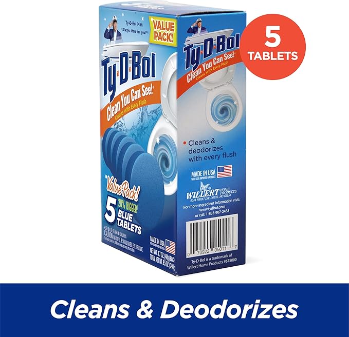Ty-D-Bol Toilet Bowl Cleaner Tablets, Bleach-Free, 5 Pack | Automatic Drop-In, Removes Hard Water Stains, Removes Limescale, Removes Mineral Buildup
